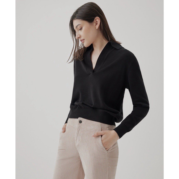 Pact Classic Polo Sweater Women Large Black Organic Cotton Preppy Minimalist - Picture 1 of 16